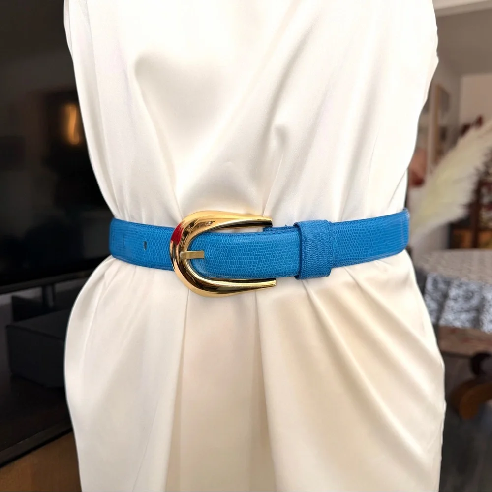 Liz Claiborne Blue Leather Belt with Gold Buckle